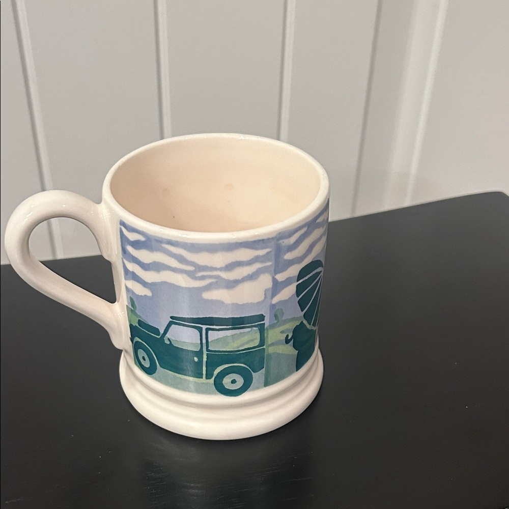 Collectible Emma Bridgwater handmade in England Jeep Dog rainy day cup signed